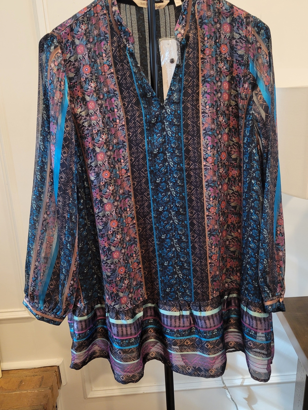 NWT Soft Surroundings Navy, Blue and Purple Floral-Stripe Long Sleeve Tunic